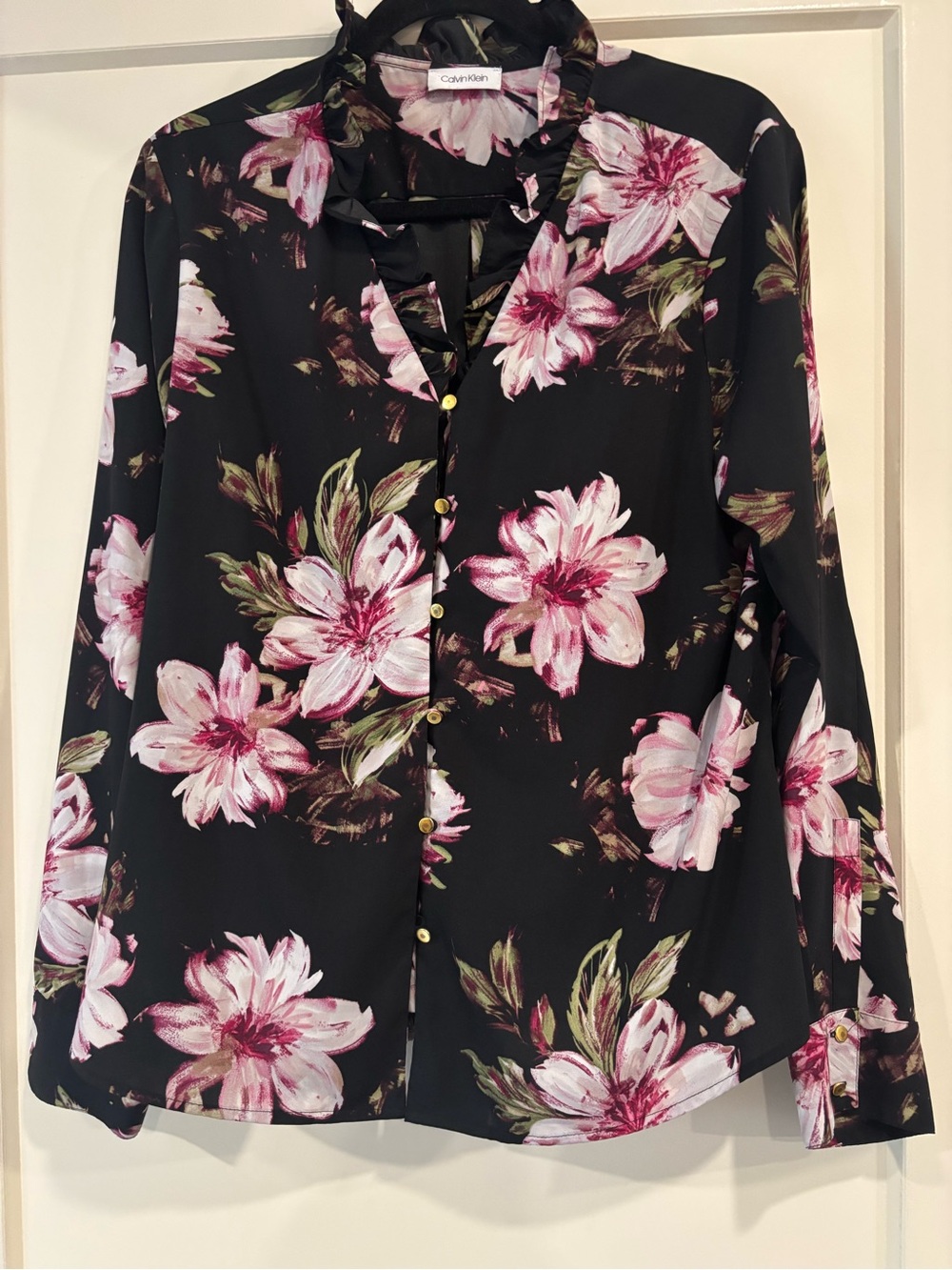 Calvin Klein Black Button-Down Shirt with Pink Floral Print